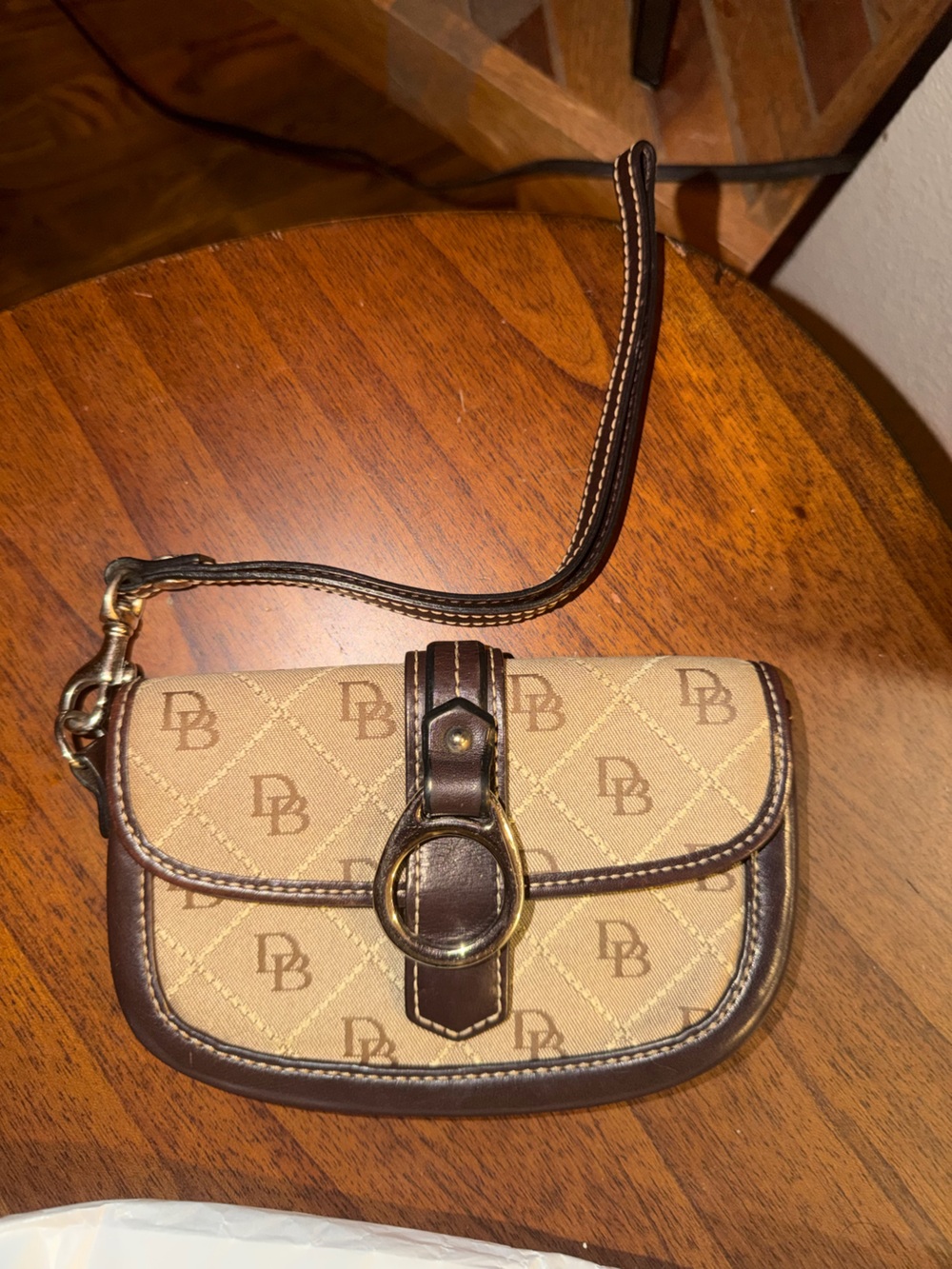 Dooney & Bourke Beige & Brown Monogram Wristlet Clutch